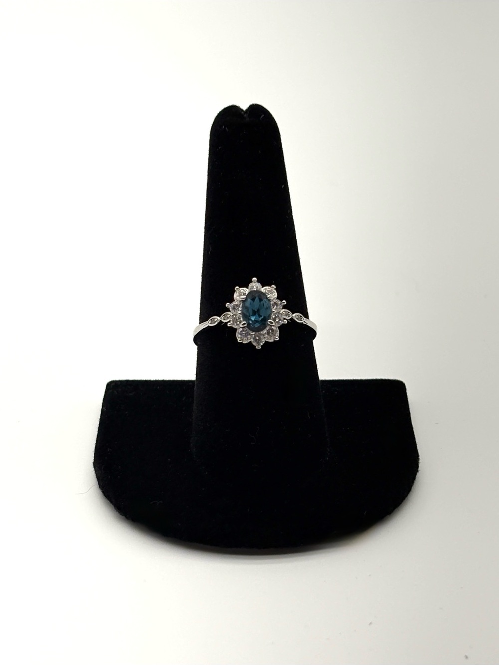 Silver Blue Oval Halo Ring Size 9 Women Jewelry